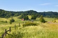 Rural pastoral landscape with meadows,wooden fence and isolated red house.