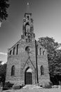 Rural, post-Evangelical church with a red brick bell tower