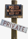 Rural Private No Trespassing Sign on Wood Post Royalty Free Stock Photo