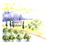 Rural Provencal farm, village with olive garden and vineyard. Country house, manor on a hilly, mountain landscape. Hand