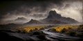 Rural Remote Natural Place With Rocky Wildness, Muddy Landscape with Yellow Grass and Dark Grey Gloomy Cloudy Sky