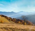 Rural road, colorful trees on autumn mountain slope and sunbeams over it (Carpathian, Ukraine Royalty Free Stock Photo