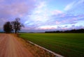 Rural road, green field, clouds in blue sky