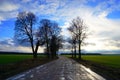 Rural road, green field, white clouds in blue sky Royalty Free Stock Photo