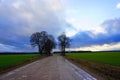 Rural road, green field, white clouds in blue sky Royalty Free Stock Photo