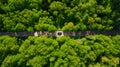 Rural road from a height passing through the forest. Road through a dense green forest. Car from the top view. Royalty Free Stock Photo