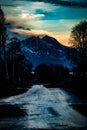 Road illuminated by moonlight, surrounded by trees silhouettes, with a mountain in the background