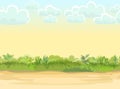 Rural road to Green Glade. Summer meadow. Trail. Juicy grass close up. Grassland Country. Cartoon style. Flat design