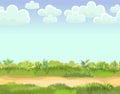 Rural road to Green Glade. Summer meadow. Trail. Juicy grass close up. Grassland. Country trip. Cartoon style. Flat