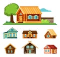 rural russian houses. wooden authentic architectural objects for villages. Vector houses in cartoon style