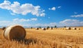 Rural scene agriculture, nature, farm, meadow, outdoors, landscape, haystack, sky, autumn, grain generated by AI Royalty Free Stock Photo