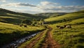 Rural scene nature, grass, farm, outdoors, meadow, landscape, agriculture, cow, summer generated by AI Royalty Free Stock Photo