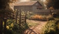 Rural scene old barn, green meadow, autumn leaves generated by AI