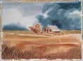 Rural Scene - Original Watercolor Painting of a Barn and Wheatfield