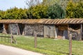 Rural scene of pile of chopped pieces of firewood stacked in rustic shed on a farm