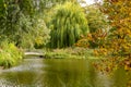 Rural scene with a pond, a bridge and autumnal colorful trees .