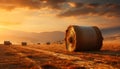 Rural scene sunset meadow, outdoors, summer landscape, harvesting wheat generated by AI Royalty Free Stock Photo