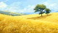 Rural scene yellow wheat fields, nature vibrant beauty in harvest