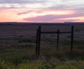 Rural Scene with Yellow Wildflowers, Fence and Sunset Royalty Free Stock Photo