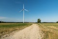 Rural scenery with meadow, dirty road, wind turbines and blue sky