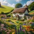 Rural Serenity: Thatched Roof Country Cottage Amidst Wildflowers