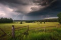 rural setting with stormy sky, lightning strikes, and rolling thunder
