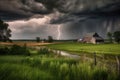 rural setting with stormy sky, lightning strikes, and rolling thunder Royalty Free Stock Photo