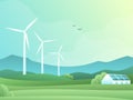 Rural spring landscape with fields, hills, wind turbine and barn or house with solar panels. Vector illustration of countryside. Royalty Free Stock Photo