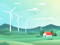 Rural spring landscape with fields, hills, wind turbine and house surrounded by cypresses. Vector illustration of countryside. Royalty Free Stock Photo