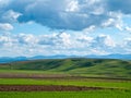 Rural spring scene, fresh green fields and hill