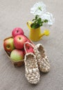 Rural still life sandals made of bark Royalty Free Stock Photo