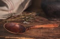 Rural still life with traditional Ukrainian spoons on wooden background Royalty Free Stock Photo