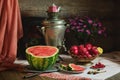 Rural still life with water melon and samovar Royalty Free Stock Photo