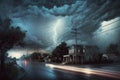 Rural stormy night scene with Lightning hitting power-lines Royalty Free Stock Photo