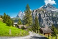 Rural street view with gardens and wooden houses, Murren, Switzerland