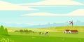 Rural summer landscape. Farm panorama with fields and animals. Horizontal country scenery with meadow and farm buildings