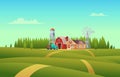 Rural summer landscape with a red shed farm, house, truck, water tower and windmill Royalty Free Stock Photo