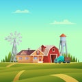 Rural summer landscape with a red shed farm, house, truck, water tower and windmill Royalty Free Stock Photo