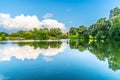 Rural summer landscape reflected in the pond. Blue sky, white clouds and lush green trees Royalty Free Stock Photo