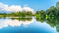 Rural summer landscape reflected in the pond. Blue sky, white clouds and lush green trees Royalty Free Stock Photo