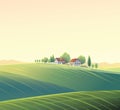 Rural summer landscape with village, in sunlight (sunset or sunrise). Royalty Free Stock Photo