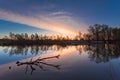 Rural summer sunrise landscape with river and dramatic colorful sky Royalty Free Stock Photo