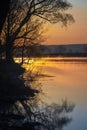 Rural summer sunrise landscape with river and dramatic colorful sky Royalty Free Stock Photo