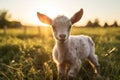 Rural summer sunset landscape cute domestic green grass farming sun goat baby animals Royalty Free Stock Photo