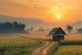 Rural sunrise Farmers hut stands amidst rice fields along a road