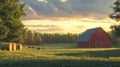 Idyllic Sunset Over Rural Farm Barn with Hay Bales in Golden Hour Light Royalty Free Stock Photo