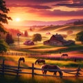 Rural Sunset Harmony: AI Crafted Image of Horses, Fences, and Barns