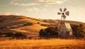 Rural sunset windmill, meadow, wind power, tranquil scene, beauty in nature generated by AI