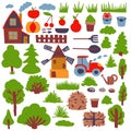 Rural theme. Various agricultural graphic elements. Gardening stuff. Cartoon style. Wooden house, mill, fence, trees and bushes Royalty Free Stock Photo