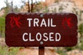 Rural TRAIL CLOSED sign made of lacquered wood
